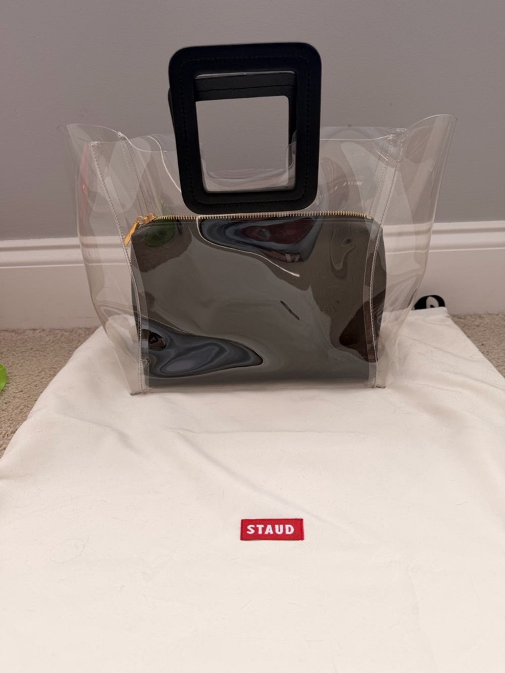 STAUD NWOT Clear Tote with Black Insert and Square Black Handles